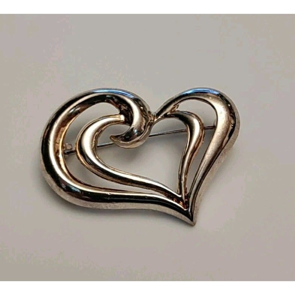 Double Heart Silver Tone Brooch Marked Thailand